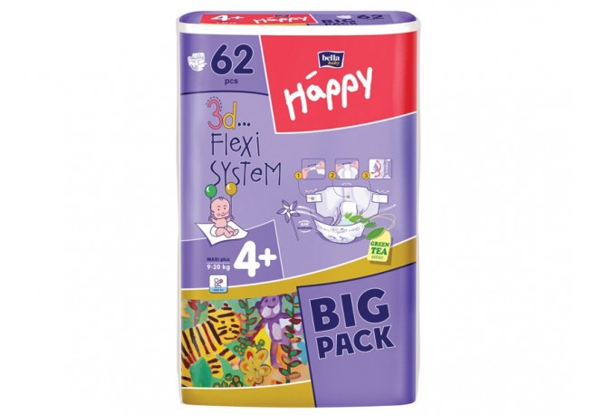 Scutece HAPPY 4 PLUS Maxi Plus (9-20 Kg) 62 BUC